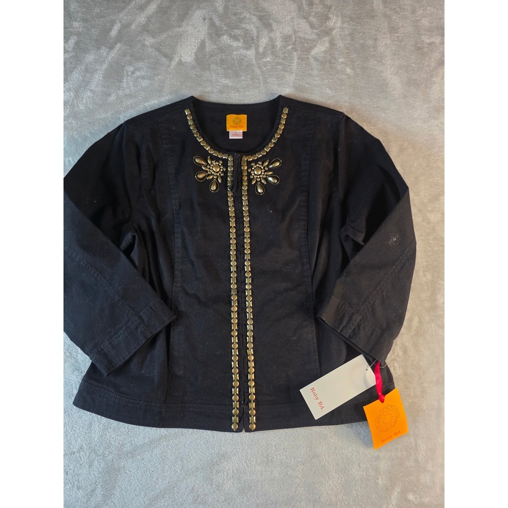 Ruby Rd Jacket Women 12 Black Embellished Studded Zip Up 3/4 Sleeve Cotton Blend